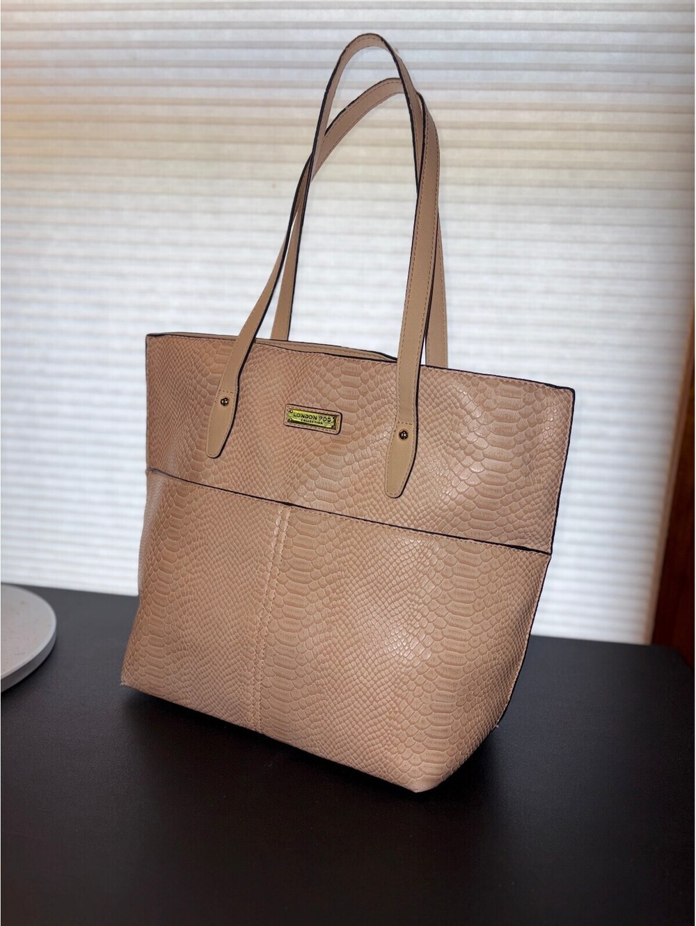 London Fog Women's Maille Croco Faux Leather Top Zip Everyday Shoulder Tote Bag
